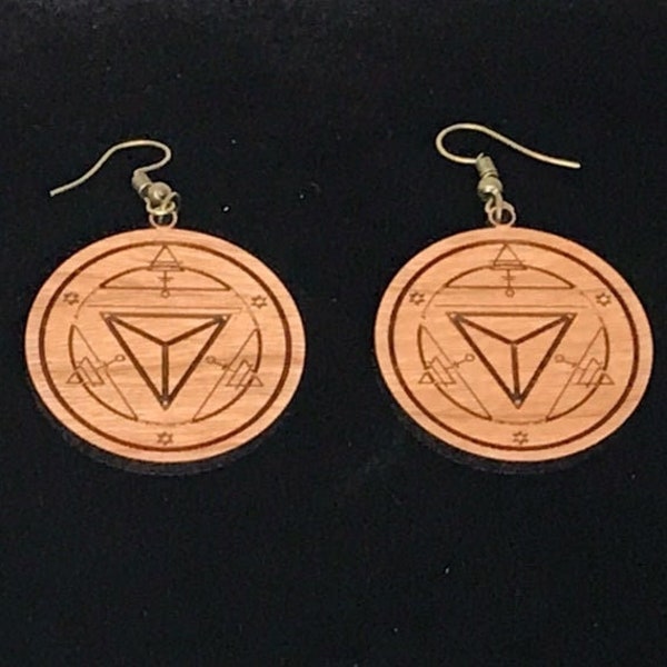 Transmutation Circle Alchemy Inspired Wood Earrings, Sacred Geometry, French hook, bronze tone metal, Modern Bohemian