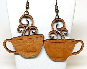 Cherry Wood Coffee Cup Earrings, Bohemian Style
