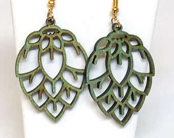 Homegrown Hops Blossom Craft Beer Earrings, French hook, goldtone metal, color shift green finish