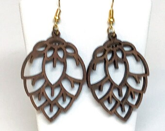 Homegrown Hops Blossom Craft Beer Earrings, French hook, goldtone metal, Walnut finish