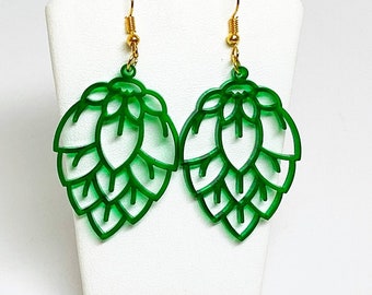 Homegrown Hops Blossom Craft Beer Earrings, French hook, goldtone metal