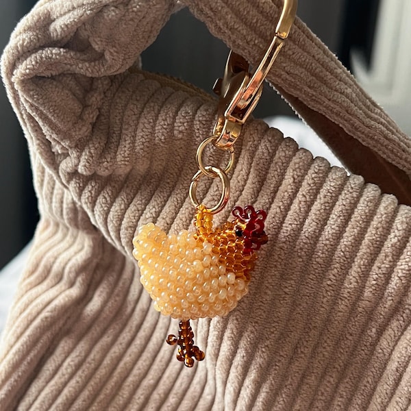 Hand Beaded Chicken Keychain: Japanese Seed Beads & Lobster Clasp