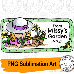 Arte digital de sublimación PNG de niña haciendo jardinería, etiqueta personalizable y obra de arte de tarjeta de regalo