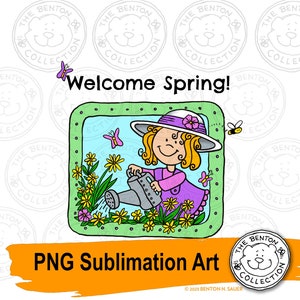 Benvenuto Primavera PNG Sublimazione Arte Digitale, Festa della Mamma, Regalo per la Mamma, Bambina che innaffia i Fiori Banner Art Download