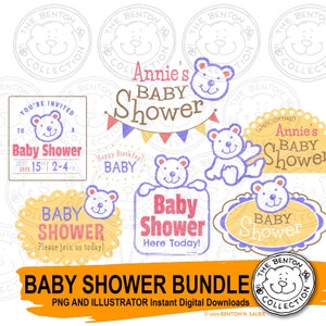 Descargas digitales para baby shower, ilustraciones editables para baby shower con ositos de peluche, ilustraciones personalizables