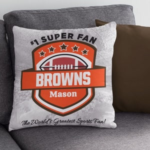 Personalized Browns Football Square Pillow, Cleveland Browns Inspired 2-sided 14x14 Pillow and Cover