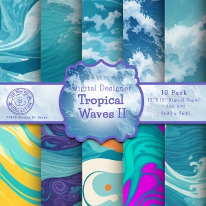 Water Waves Digital Paper, Tropical Waves II Designer Paper, Scrapbook Paper, 12x12 USA Size Paper