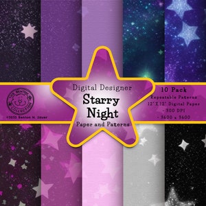 Puede incluir: Un paquete de papel digital "Starry Night" con diez patrones repetibles de 30,48 cm x 30,48 cm. Los diseños muestran varios tonos de morado y rosa con motivos de estrellas. La imagen incluye el texto "Digital Designer" y "The Benton Collection."