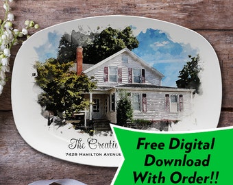 Custom Watercolor House Portrait Platter, Housewarming Gift, Personalized Watercolor Plate With Photo