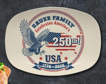 Personalized 250th Anniversary Retro Independence Platter, Custom Family Name Patriotic Flag Serving Tray, 1776–2026 USA Semiquincentennia