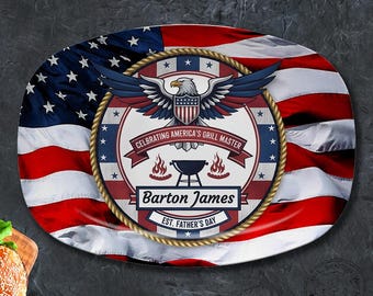 USA Personalized Father's Day Americana Independence Platter, Custom Family Name Flag Patriotic Serving Tray, USA Decor Gift