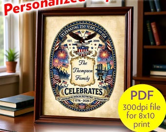 Personalized America 250 Printable, Custom Family Name Patriotic Wall Art, 1776–2026 Independence Day Decor, 4th of July Digital Download
