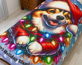 Personalized Corgi Christmas Plush Blanket: Holiday Throw for Dog Lovers