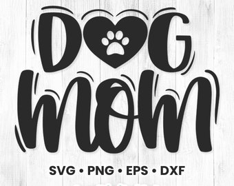 May include: Black and white graphic design with the text "Dog Mom" in a stylized font. A heart with a paw print inside is above the word "Mom".