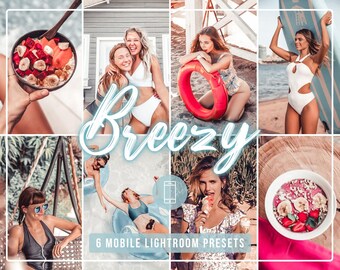 May include: A collage of images featuring a variety of summery scenes, including a woman in a swimsuit holding a surfboard, a woman in a swimsuit sitting on a life ring, a woman eating ice cream, and a bowl of fruit. The text "Breezy" is written in a stylized font across the center of the collage. The text "6 Mobile Lightroom Presets" is written below the collage.