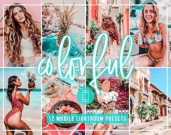 Könnte beinhalten: Eine Collage aus 12 mobilen Lightroom-Presets mit einem farbenfrohen Thema. Die Presets wurden entwickelt, um Fotos mit lebendigen Farben und einem warmen, sommerlichen Gefühl zu verbessern. Die Collage zeigt Bilder von Menschen, Essen und Landschaften.