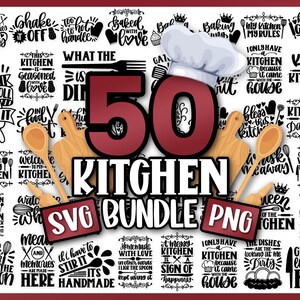 Puede incluir: Una colección de 50 archivos SVG y PNG con temática de cocina. La imagen presenta una variedad de refranes y diseños relacionados con la cocina, que incluyen "Kiss the Cook", "This Kitchen is for Dancing" y "Welcome to My Kitchen".