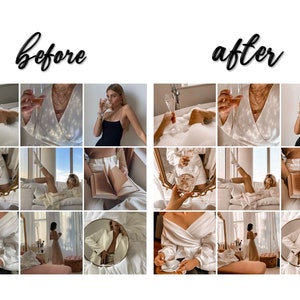 May include: A collage of nine images showing a woman in different poses, wearing various outfits, including a white blouse, a black dress, and a white shirt. The images are arranged in a 3x3 grid, with the word "before" above the top row and the word "after" above the bottom row.