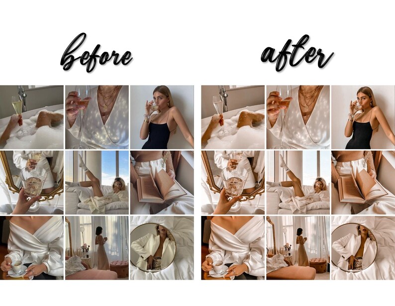 May include: A collage of nine images showing a woman in different poses, wearing various outfits, including a white blouse, a black dress, and a white shirt. The images are arranged in a 3x3 grid, with the word "before" above the top row and the word "after" above the bottom row.