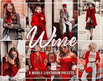 Könnte beinhalten: Eine Collage aus sechs Bildern, die Frauen in roter Kleidung in verschiedenen Umgebungen zeigen. Die Bilder sind in einem Raster angeordnet und das Wort "Wine" ist in einer großen, stilisierten Schrift über die Mitte der Collage geschrieben. Der Text "6 Mobile Lightroom Presets" steht unter dem Wort "Wine".