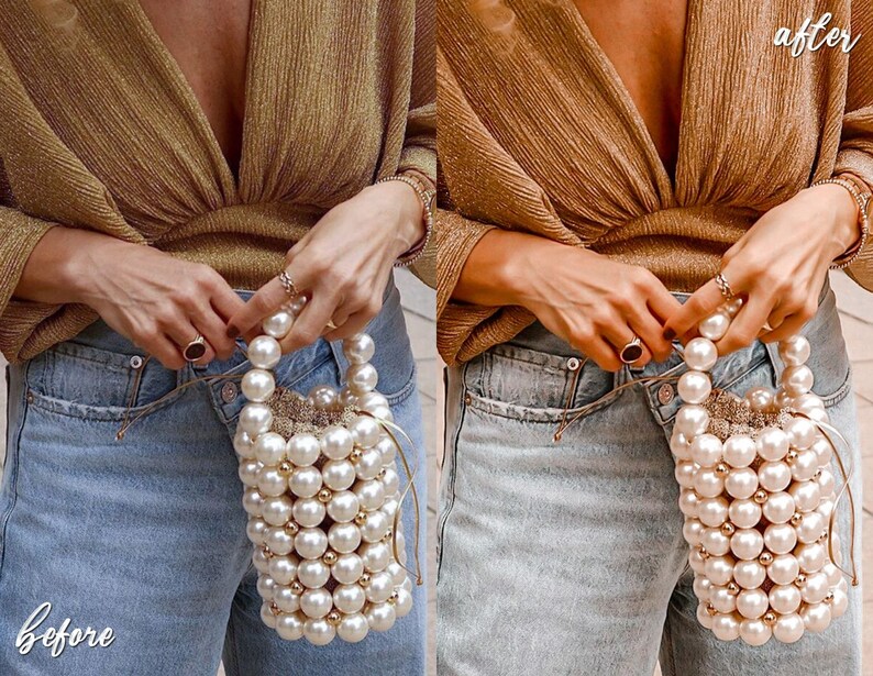 May include: A woman is wearing a gold sparkly top and blue jeans. She is holding a white pearl bag with a gold drawstring. The bag is made of large, round pearls.