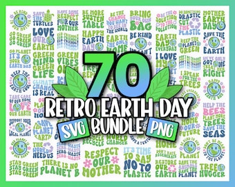 May include: A colourful digital collage of 70 retro Earth Day SVG and PNG designs. The designs feature a variety of slogans and graphics related to environmentalism, such as "Save the Planet", "Go Green", "Respect Our Mother Earth", and "Zero Waste".