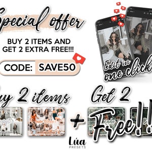 May include: A graphic design advertisement for a special offer on Instagram presets. The ad features a phone screen with a photo of a woman wearing a green jacket and black pants. The text on the ad reads "Buy 2 items and get 2 extra free!!! Code: SAVE50". The ad also includes a collage of photos with the text "Lifestyle" and "Insta Blogger" on them.