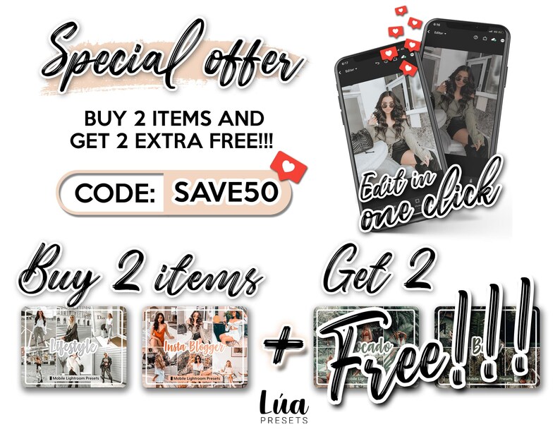 May include: A graphic design advertisement for a special offer on Instagram presets. The ad features a phone screen with a photo of a woman wearing a green jacket and black pants. The text on the ad reads "Buy 2 items and get 2 extra free!!! Code: SAVE50". The ad also includes a collage of photos with the text "Lifestyle" and "Insta Blogger" on them.