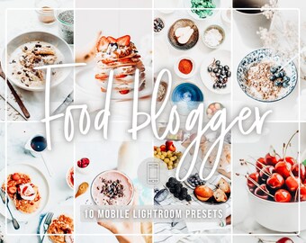 Könnte beinhalten: Eine Collage aus Bildern mit verschiedenen Lebensmitteln, darunter Pfannkuchen, Obst und Smoothies. Der Text "Food Blogger" und "10 Mobile Lightroom Presets" ist auf dem Bild zu sehen.