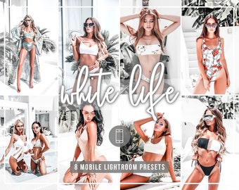Könnte beinhalten: Eine Collage aus acht mobilen Lightroom-Presets mit dem Text "white life" in weißen Buchstaben auf weißem Hintergrund. Die Presets sind so konzipiert, dass Fotos eine helle, luftige und weiße Ästhetik erhalten.