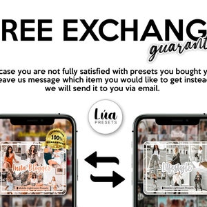 May include: Two phone screens showing different mobile Lightroom presets. The left screen shows a collage of photos with the text "Insta Blogger" and a 100% satisfaction guaranteed seal. The right screen shows a collage of photos with the text "Lifestyle". The text "FREE EXCHANGE guarantee" is at the top of the image.