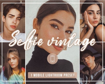 Könnte beinhalten: Eine Collage aus vier Bildern, die Personen mit Vintage-Filtern zeigen. Der Text "Selfie vintage" ist über die Bilder gelegt. Der Text "1 Mobile Lightroom Preset" befindet sich am unteren Rand der Collage.