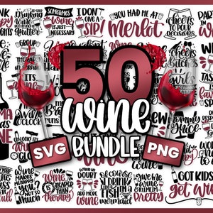 Peut inclure: Un téléchargement numérique de 50 fichiers SVG et PNG sur le thème du vin. Les images présentent diverses phrases et designs liés au vin, notamment "Drink Happy Thoughts", "Mama Needs Wine", "Wine Makes Me Happy", "Wine is Cheaper Than Therapy", "You Had Me At Merlot", "Cheers Bitches", "Wine Tasting is My Favorite Sport", and "Got Kids? Get Wine".