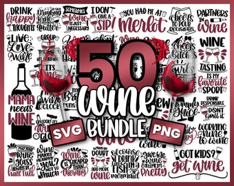 Peut inclure: Un téléchargement numérique de 50 fichiers SVG et PNG sur le thème du vin. Les images présentent diverses phrases et designs liés au vin, notamment "Drink Happy Thoughts", "Mama Needs Wine", "Wine Makes Me Happy", "Wine is Cheaper Than Therapy", "You Had Me At Merlot", "Cheers Bitches", "Wine Tasting is My Favorite Sport", and "Got Kids? Get Wine".