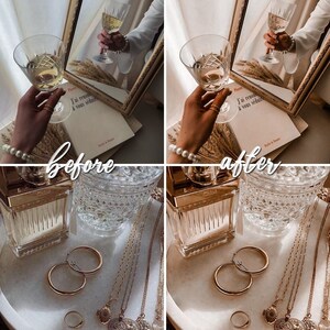 May include: A before and after image showing the difference in lighting and color tone. The image shows a glass of wine, a book, and a tray with a bottle of perfume, jewelry, and a glass dish. The before image has a cooler tone, while the after image has a warmer tone.