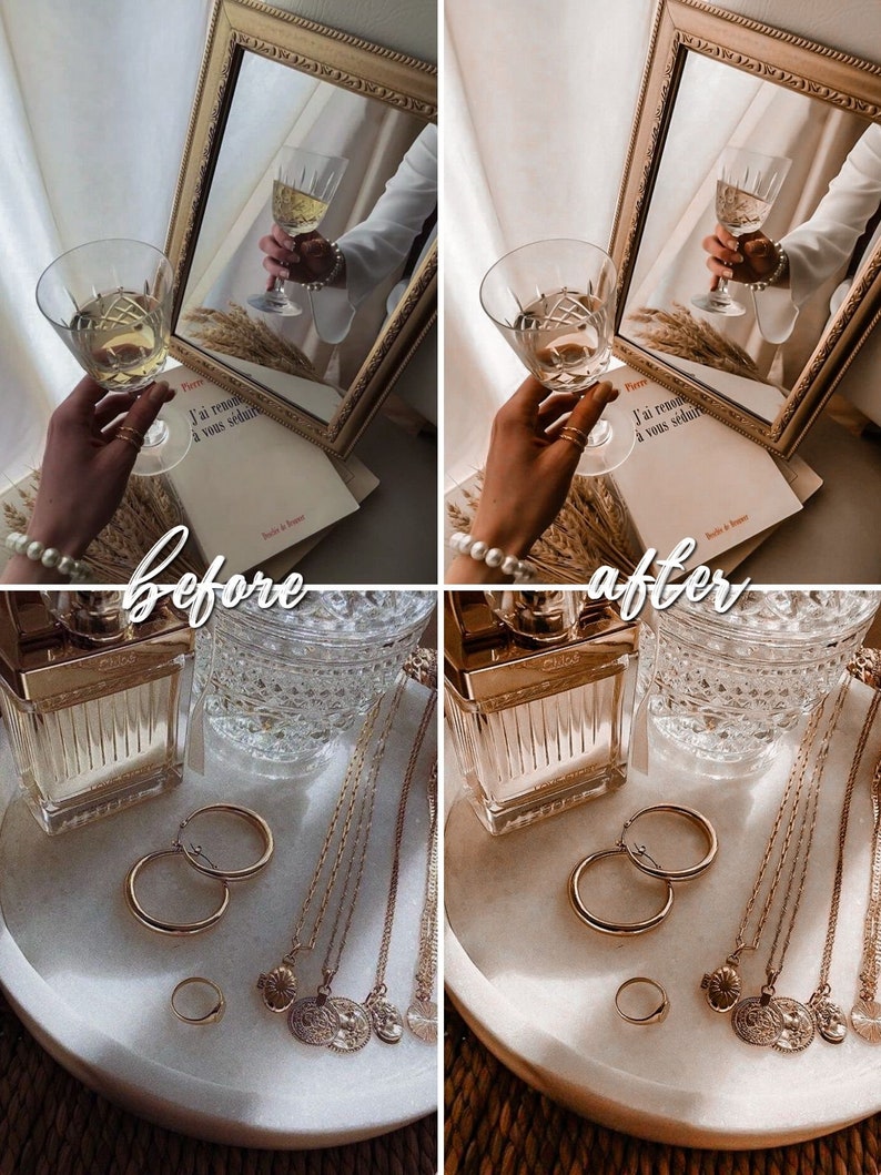 May include: A before and after image showing the difference in lighting and color tone. The image shows a glass of wine, a book, and a tray with a bottle of perfume, jewelry, and a glass dish. The before image has a cooler tone, while the after image has a warmer tone.