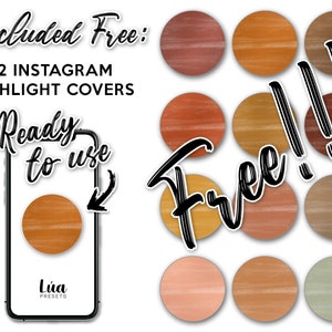 May include: Twelve Instagram highlight covers with a wood grain texture in various shades of brown, orange, and beige. The text "Free!" is written in black cursive over the covers. The text "Included Free: 12 Instagram Highlight Covers" is written in black text on a white background. The text "Ready to use" is written in black cursive on a white background with a black arrow pointing to a phone screen displaying one of the highlight covers.