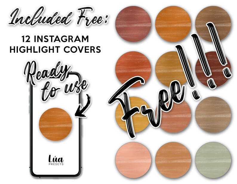 May include: Twelve Instagram highlight covers with a wood grain texture in various shades of brown, orange, and beige. The text "Free!" is written in black cursive over the covers. The text "Included Free: 12 Instagram Highlight Covers" is written in black text on a white background. The text "Ready to use" is written in black cursive on a white background with a black arrow pointing to a phone screen displaying one of the highlight covers.