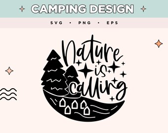 Nature Is Calling SVG | Chatka i sosny PNG | Gwiaździsta noc EPS | Przygoda w naturze SVG do rękodzieła