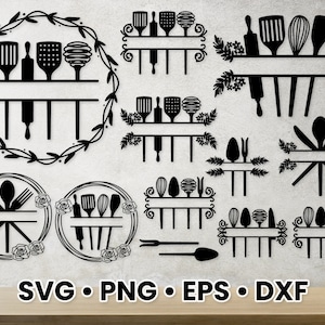 May include: A set of 10 black and white SVG cut files featuring various kitchen utensil designs. The designs include a whisk, spatula, spoon, fork, and knife. Each design is framed with a wreath of leaves and flowers.