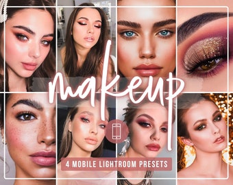 Könnte beinhalten: Eine Collage aus vier Bildern, die verschiedene Make-up-Looks zeigen. Die Bilder zeigen Nahaufnahmen von Frauen mit verschiedenen Lidschattenfarben, darunter Rosa, Braun und Gold. Der Text "makeup" ist in weißen Kursivbuchstaben in der Mitte der Collage geschrieben. Der Text "4 MOBILE LIGHTROOM PRESETS" ist in weißen Buchstaben am unteren Rand der Collage geschrieben.