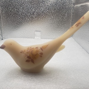 Fenton Bird Of Happiness in elegant milky Beige Satin CAMEO Glass with Hand-Painted Yellow & Tan Country Floral decor SIGNED Debra Hill