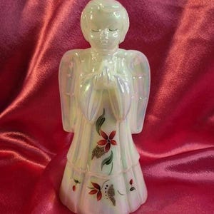 Vintage Fenton Angel White Opalescent Art Glass Figurine Hand-Painted Poinsettia Flowers Signed L Watson w Original Stickers