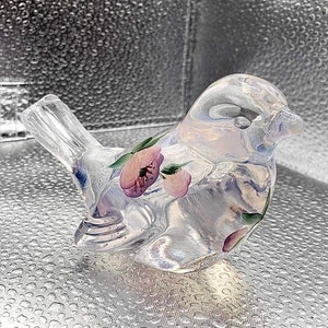 Vintage Rare Fenton Glass Bird Clear Opalescent w Irridescent Shine, Hand Painted Pink Flowers Signed by V. Adkins