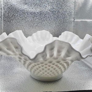 Vintage Fenton Milk Glass Hobnail  Ruffled Edge Decorative Bowl