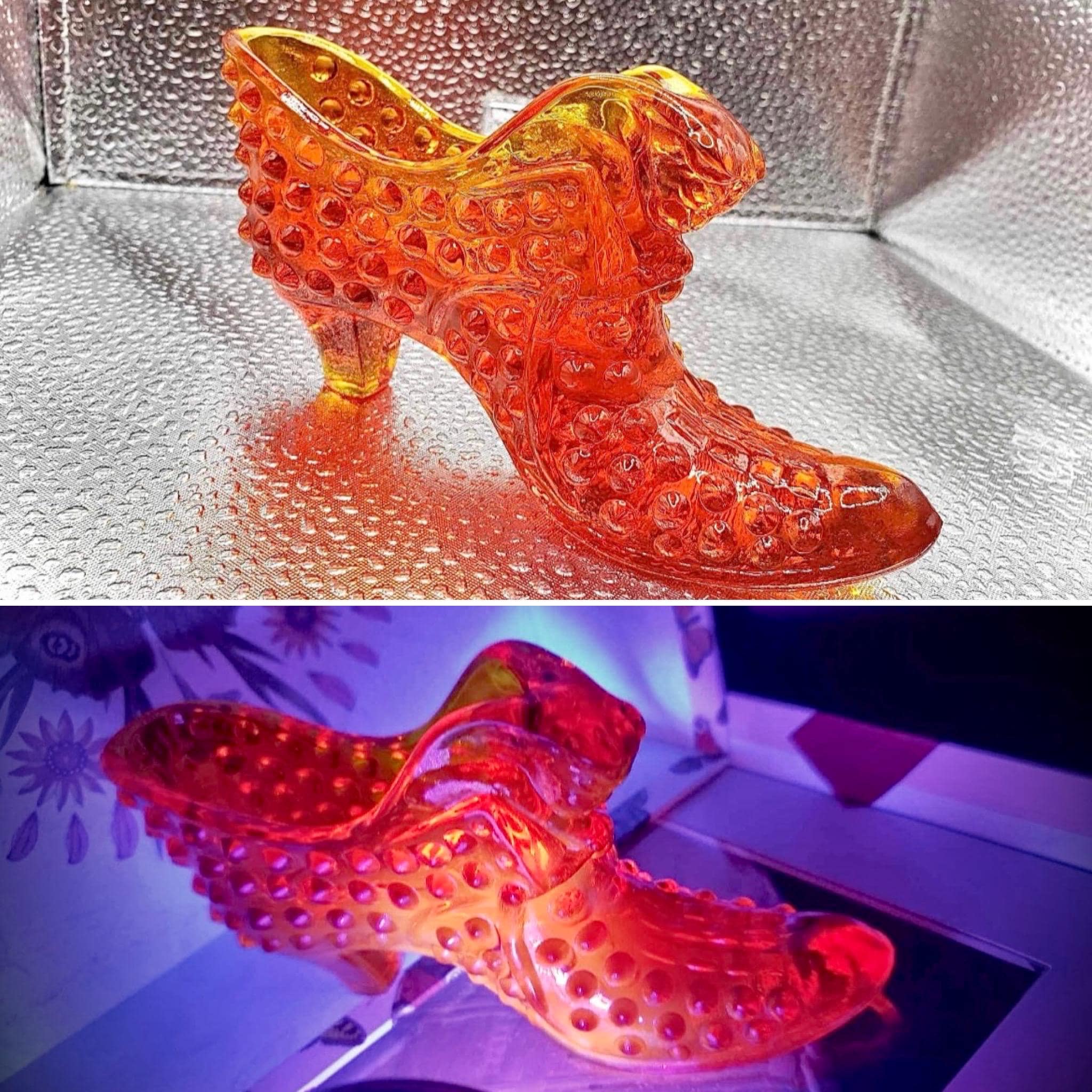 Fenton Amberina Glass Shoe - Glowing Cat Head Slipper, Hobnail