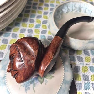 Imported Briar Pipe from Italy Magnificent Hand Carved Vintage Wood Estate Pipe Unique Mans Face Pipe 5. 5&quot; Stem 3&quot;