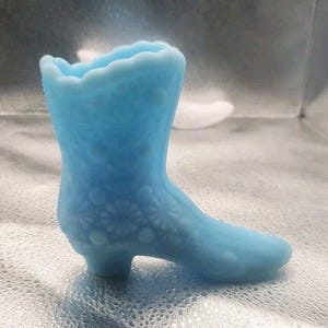 Fenton Satin Custard Blue Daisy and Button Glass Boot - Vintage & Collectible with Original Sticker