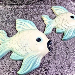Rare Vintage Chalkware Fish Plaque Set 1950s  Iridescent Aqua Blue Color 2 PCs Retro Beach House Decor Wall Plaques