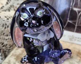 Fenton Bunny Purple Miniature Rabbit in Amethyst Glass! A wonderfully hand painted piece by Angela Van Zile.